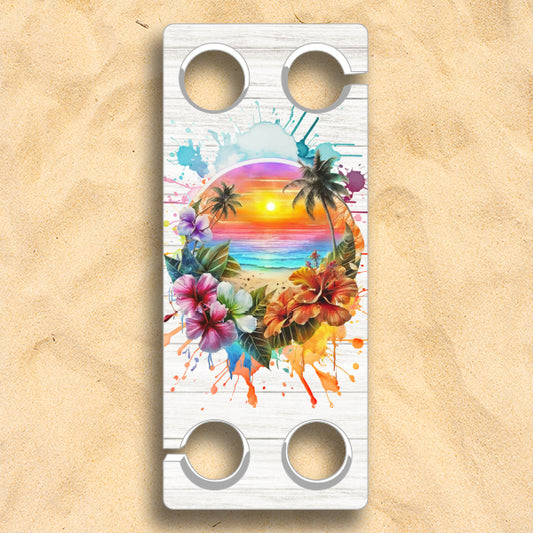 Sunset Splash BEACH TABLE 0517-24 features a vivid tropical sunset with palm trees and hibiscus flowers, blending bold style with vibrant comfort.