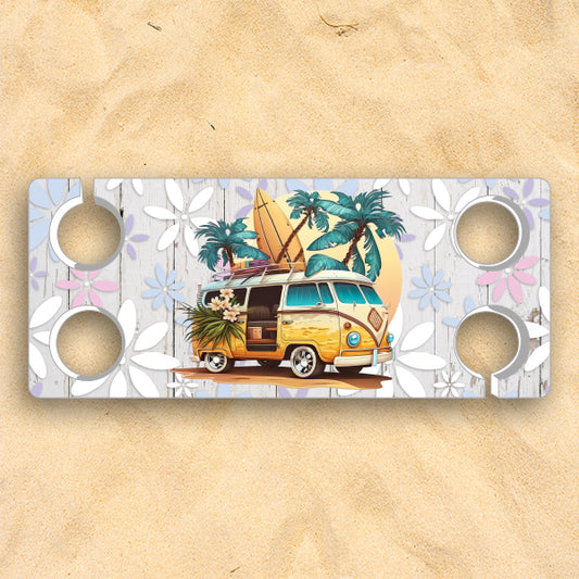 Summer Van BEACH TABLE 0516-24 featuring a retro yellow van with surfboards and palm trees, set against a floral wood-style background. Ideal for beachside relaxation and casual summer gatherings.